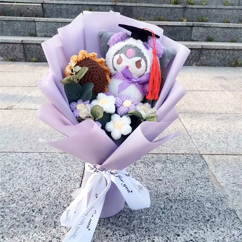 Buquê de formatura kuromi olá kitty cinnamoroll minha melodia boneca de pelúcia brinquedo com girassol de lã presentes de natal do dia dos namorados