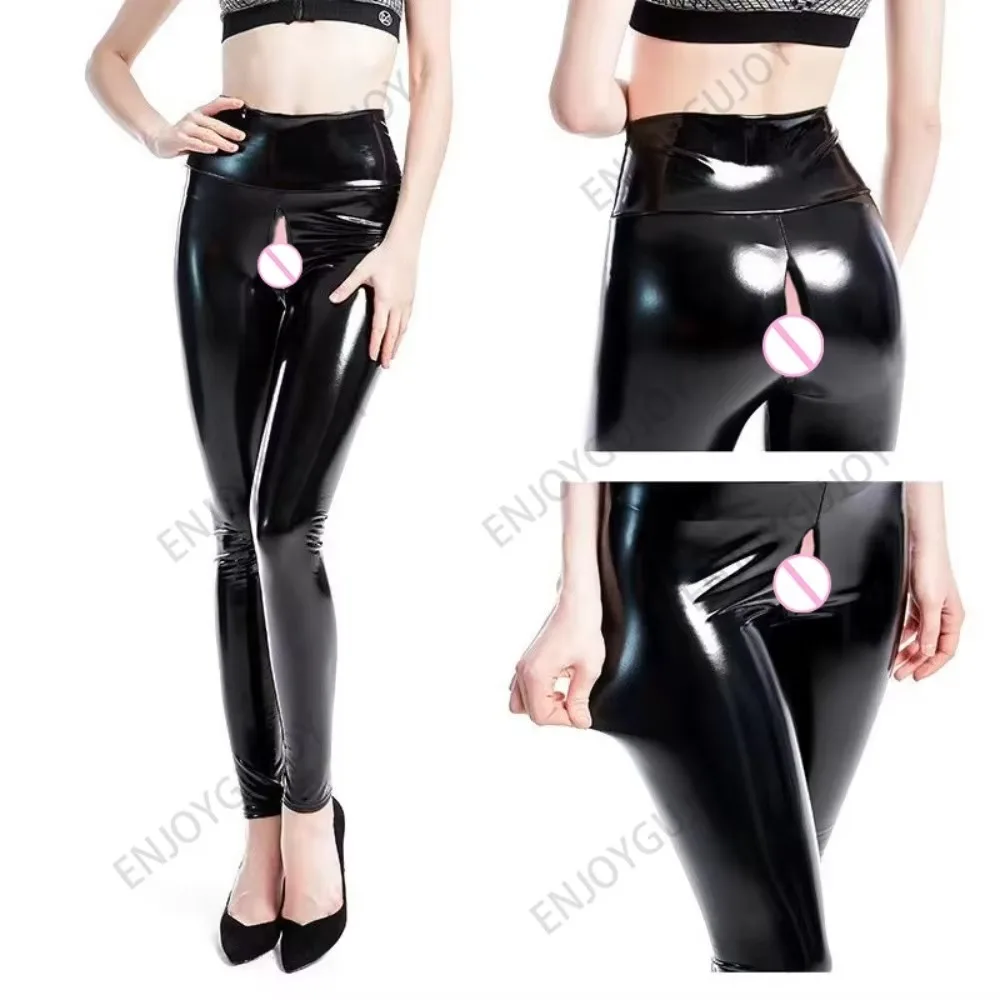 

Faux Leather Pants,Nightclub,Invisible Open Crotch Outdoor Sex Women's Tights,High Waist,Booty Lifting,Exoticism Yoga Leggings