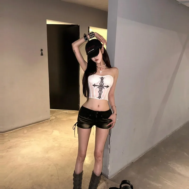 Summer Hot Girl Sexy Tight Fitting Strapless Vest American Street One Shoulder Sleeveless Cross Design Motorcycle Top