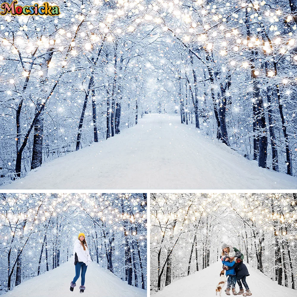 Magical Winter Landscape Photography Background Path Between Snowy Trees in Forest Glow Strip Lights Decor Backdrop Photo Studio