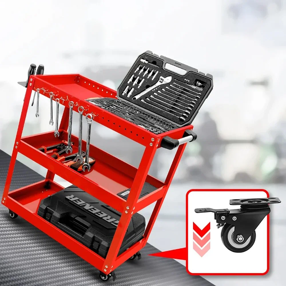 Tool Trolley Toolbox Tool Cart with Mute Wheels Workshop Holder Cabinet Workbench Accessory Adjustable Shelf Free Hooks 3 Layer