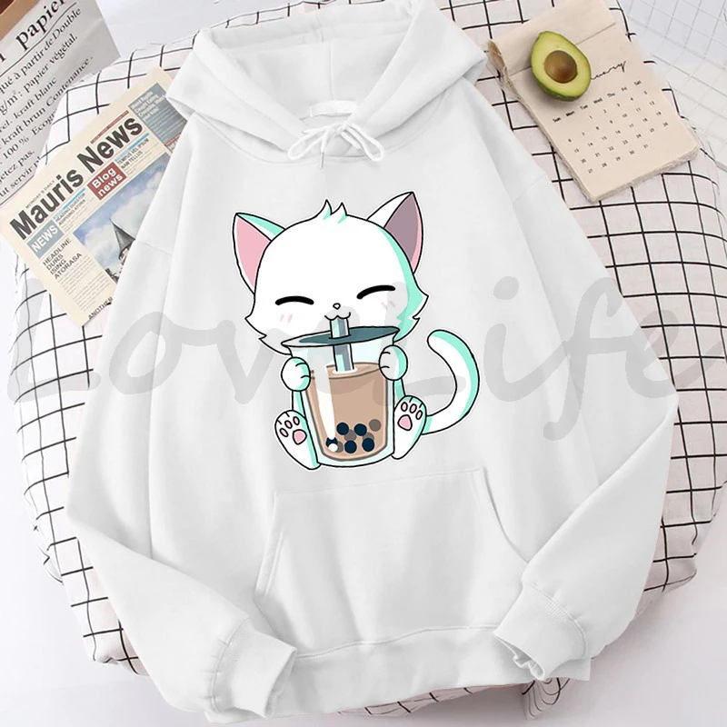 Animals Boba Tea Hoodie Cute Cat Hooded Sweatshirt Harajuku Hoodies Kids Kawaii Pullover Tops Casual Hoody Women\'s Clothes Coats