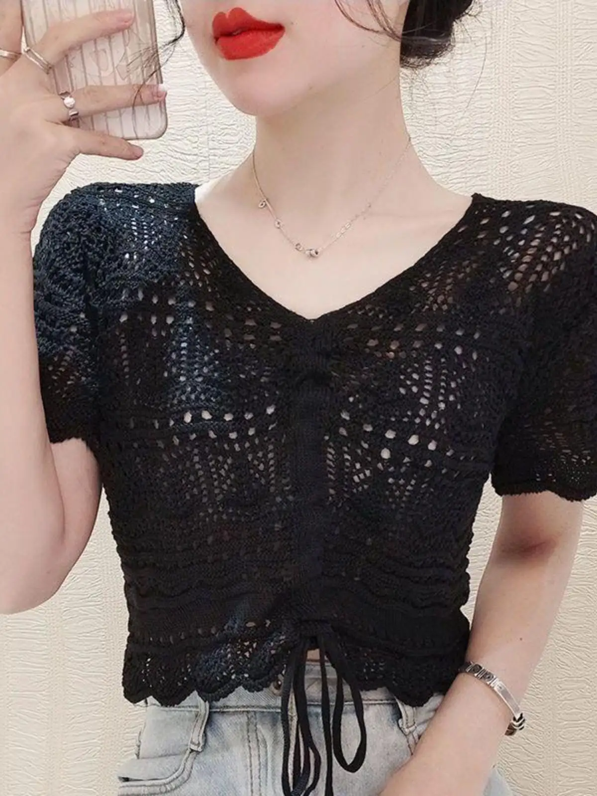 Kanten rand Dstring Knitwear ort Sve Dames losse ell top chiffon blouse uitgehold ontwerp zomer faion dames cl...