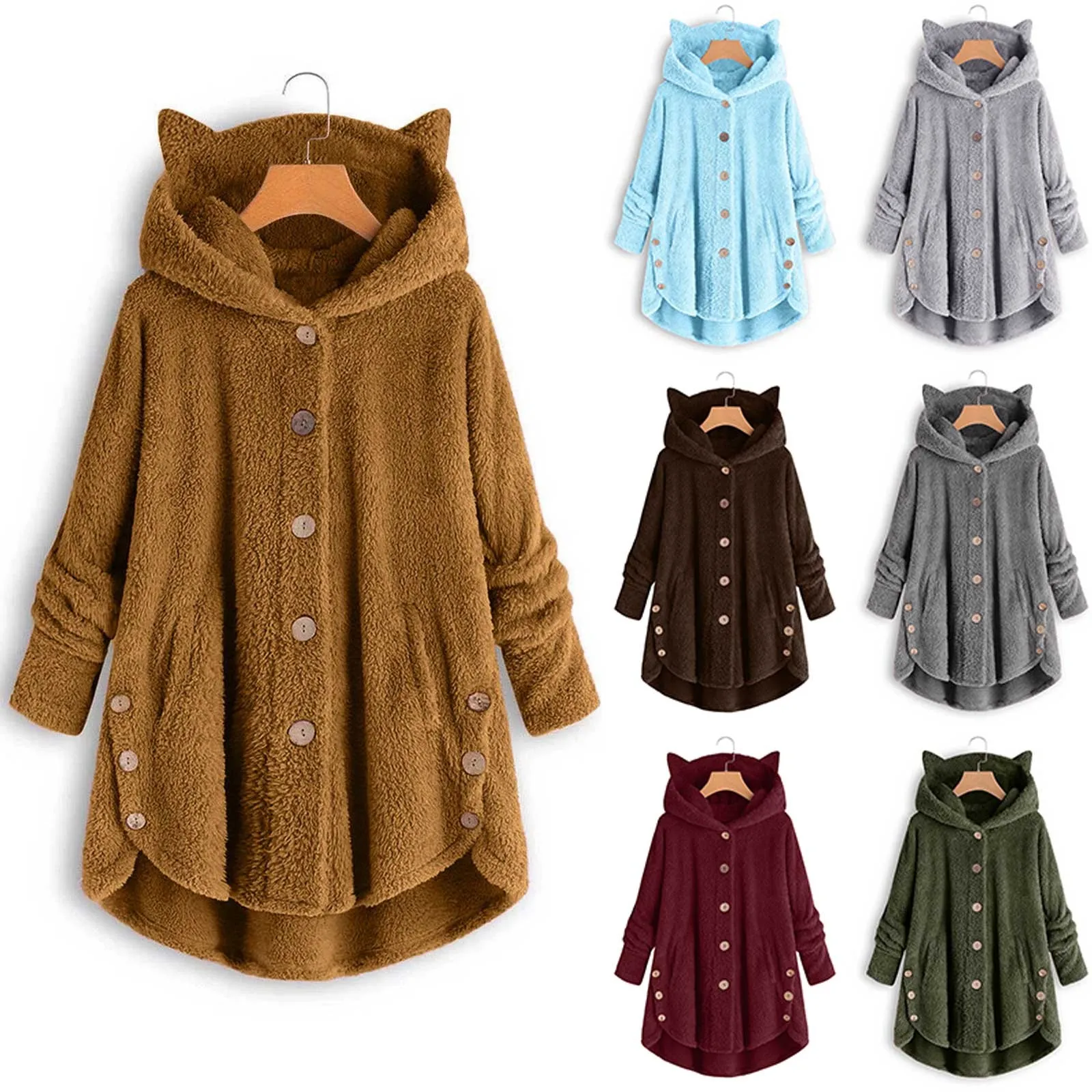 Kawaii Loose Sweatshirts Fluffy Long Pullovers Button Hooded Coat Women Autumn Winter Casual Fashion Warm Fleece Hoodies