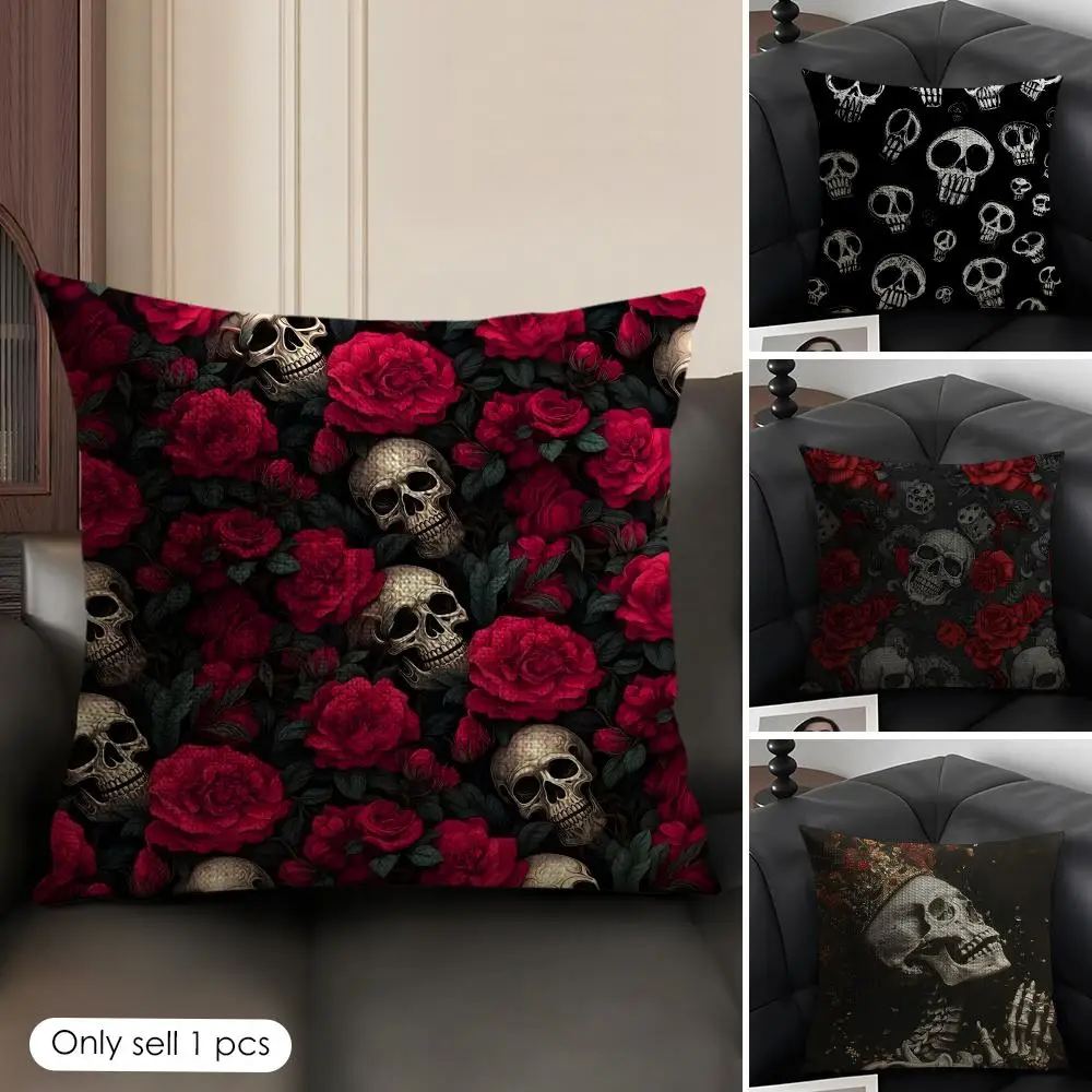 Skull & Red Rose Cushion Cover Natural Linen Organic Fabric Double-Sided Printing Breathable Perfect Gift For Decor