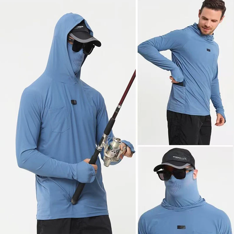 Men UPF50+ Ice Silk Quick Dry Fishing Sun Shirt Built-in Earloop Face Mask Thumb Holes Sunglass Clip Large Side Phone Pockets