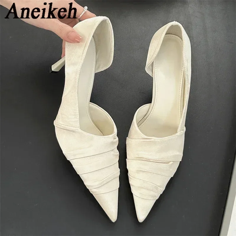 Aneikeh Elegant Satin Pleated Women Slippers Pumps Fashion Pointed Toe Thin High Heels Mules Dance Banquet Shoes Chaussure Femme
