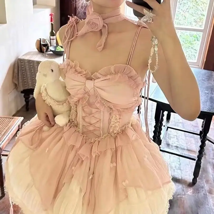 Pink gentle ballet style lolita sweet princess fluffy dress