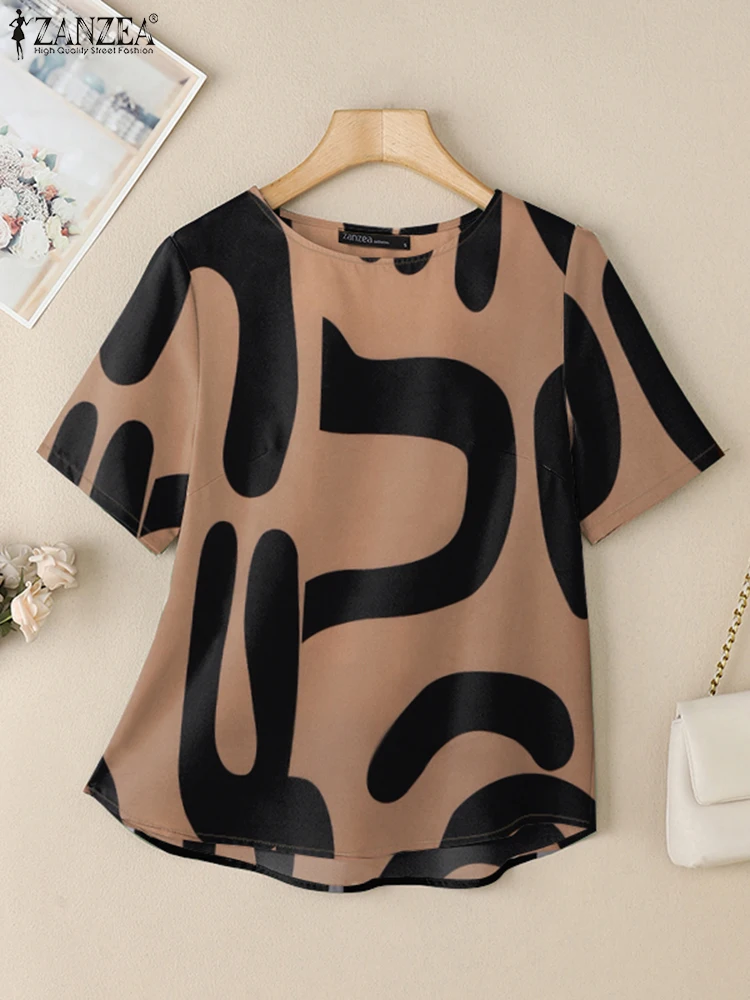 ZANZEA O-hals all-over print blouses halve mouw 2025, zomer alledaagse dames Blusas Mujer mode woon-werkverkeer casual T-shirts