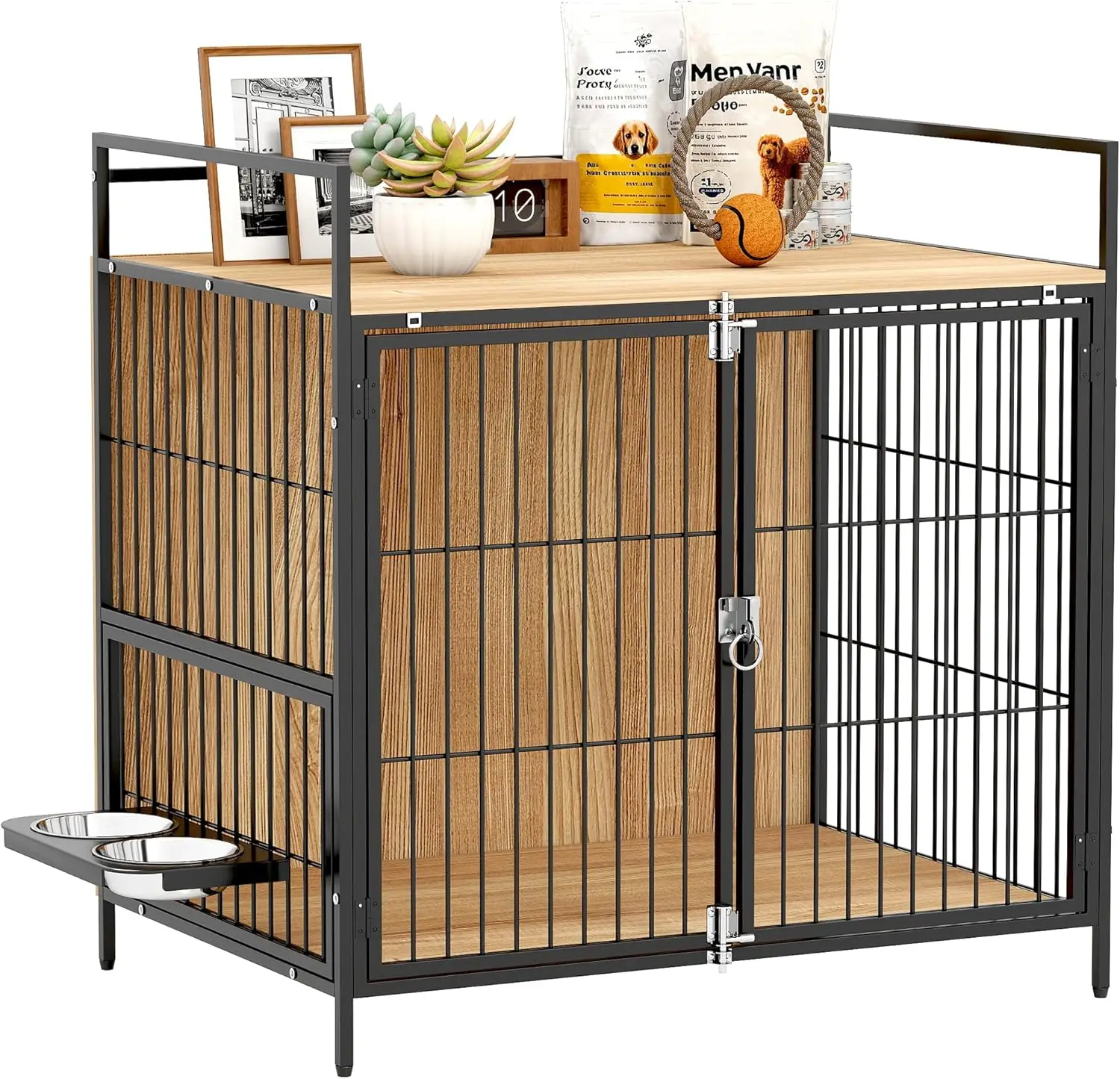 

30-дюймовый приставной столик для ящика для домашних животных с вращающимися мисками, 2 дверцами и полкой для хранения для средних собак