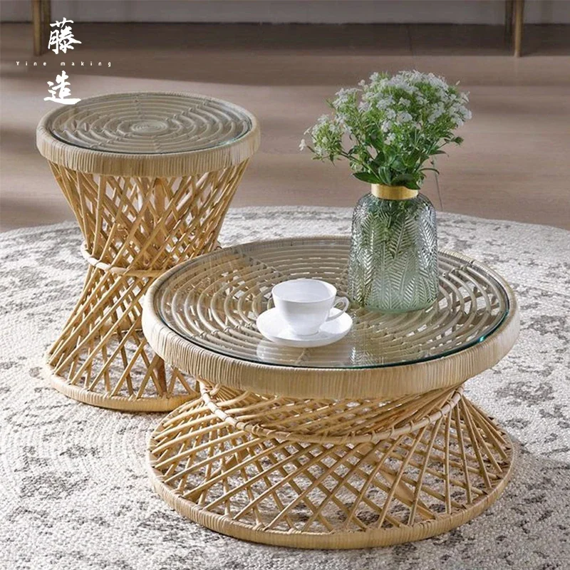 rattan round small coffee table living room Indonesian real rattan simple Nordic hourglass ins rattan table round table Minsu