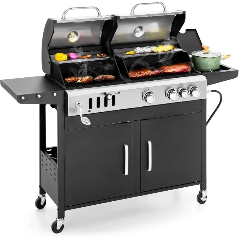 MFSTUDIO Dual Fuel Propane Gas Grill and Charcoal Grill Combo with Side Burner, Porcelain-Enameled Cast Iron Grate