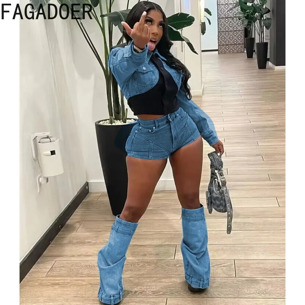 FAGADOER Fashion Y2K Streetwear Women Patchwork Denim Elastic Slim Top And Shorts Two Piece Set Casual Female Cowboy 2pcs Outfit