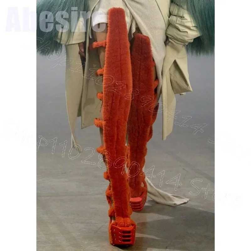 Sandálias de salto transparente com design oco de lã de cordeiro botas com zíper traseiro sapatos femininos de salto alto grosso festa pista 2025 zapatos para mujere