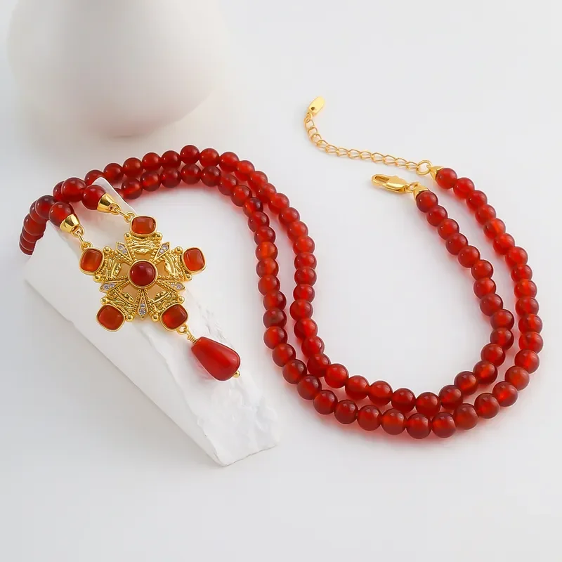 New Chinese retro natural agate beaded necklace temperament simple high-grade versatile beaded sweater chain
