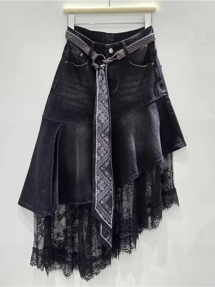 Sexy irregular renda emenda moda cintura alta a linha saia jeans menina outono versátil europeu americano personalidade saias