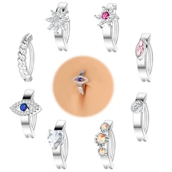 ZS 1 PC Stainless Steel Navel Piercing Silver Color Reverse Curved Belly Button Rings Crystal Heart Eye Clicker Navel Rings 14G