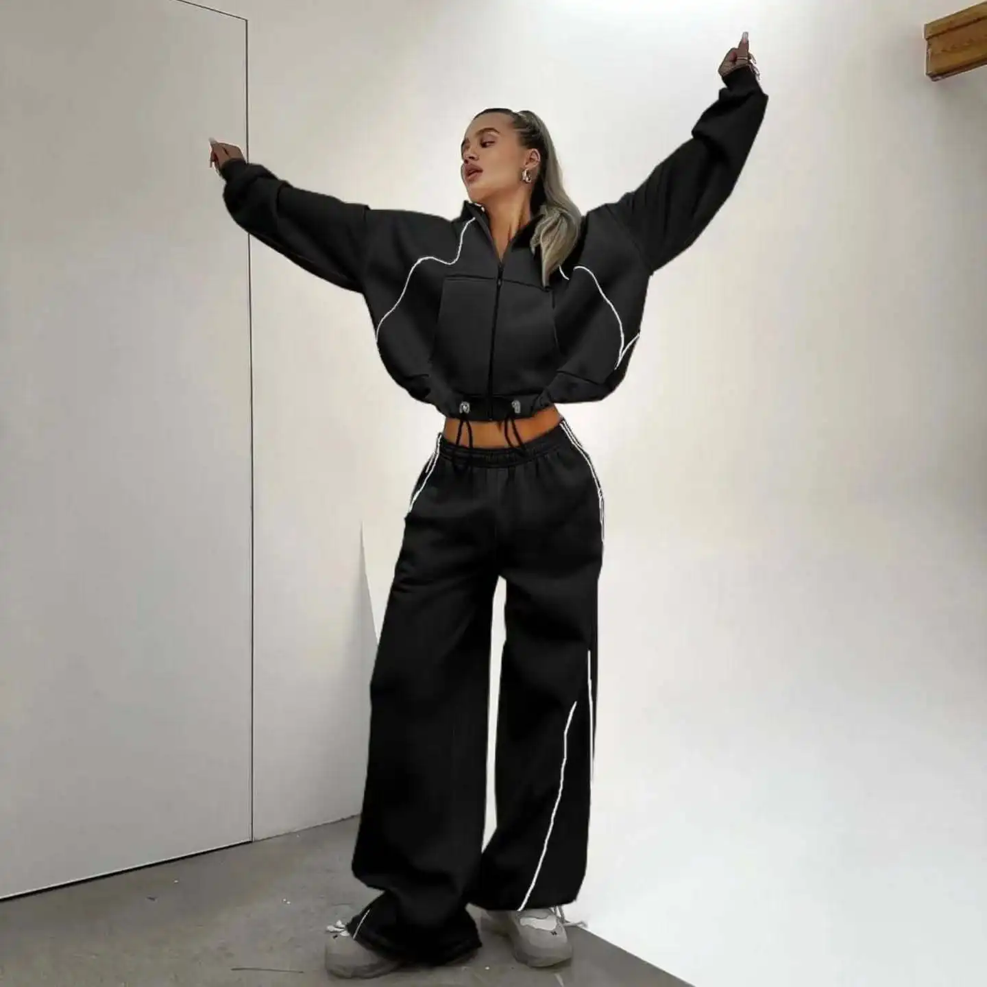 Women Fashion Line Contrast Color Hoodie Zip Up Sweatshirt Set Casual Loose Straight Pants Two Piece image 6