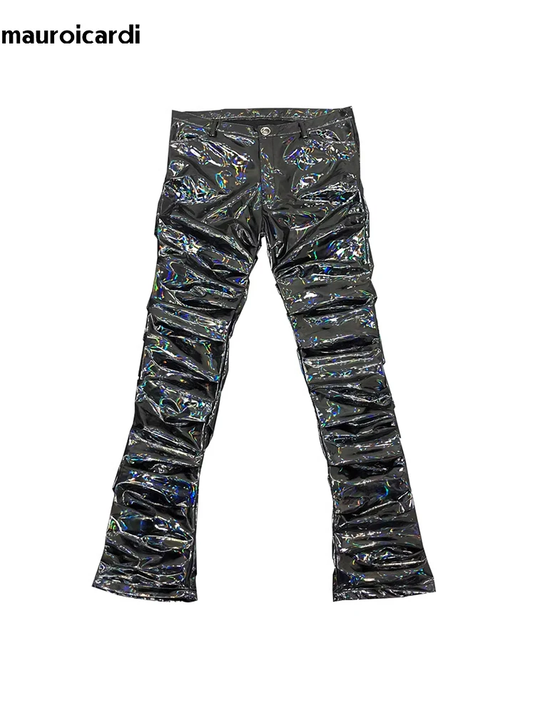 Mauroicardi Spring Autumn Long Cool Black Holographic Shiny Reflective Stretchy Soft PVC Faux Leather Stacked Pants for Men 2024