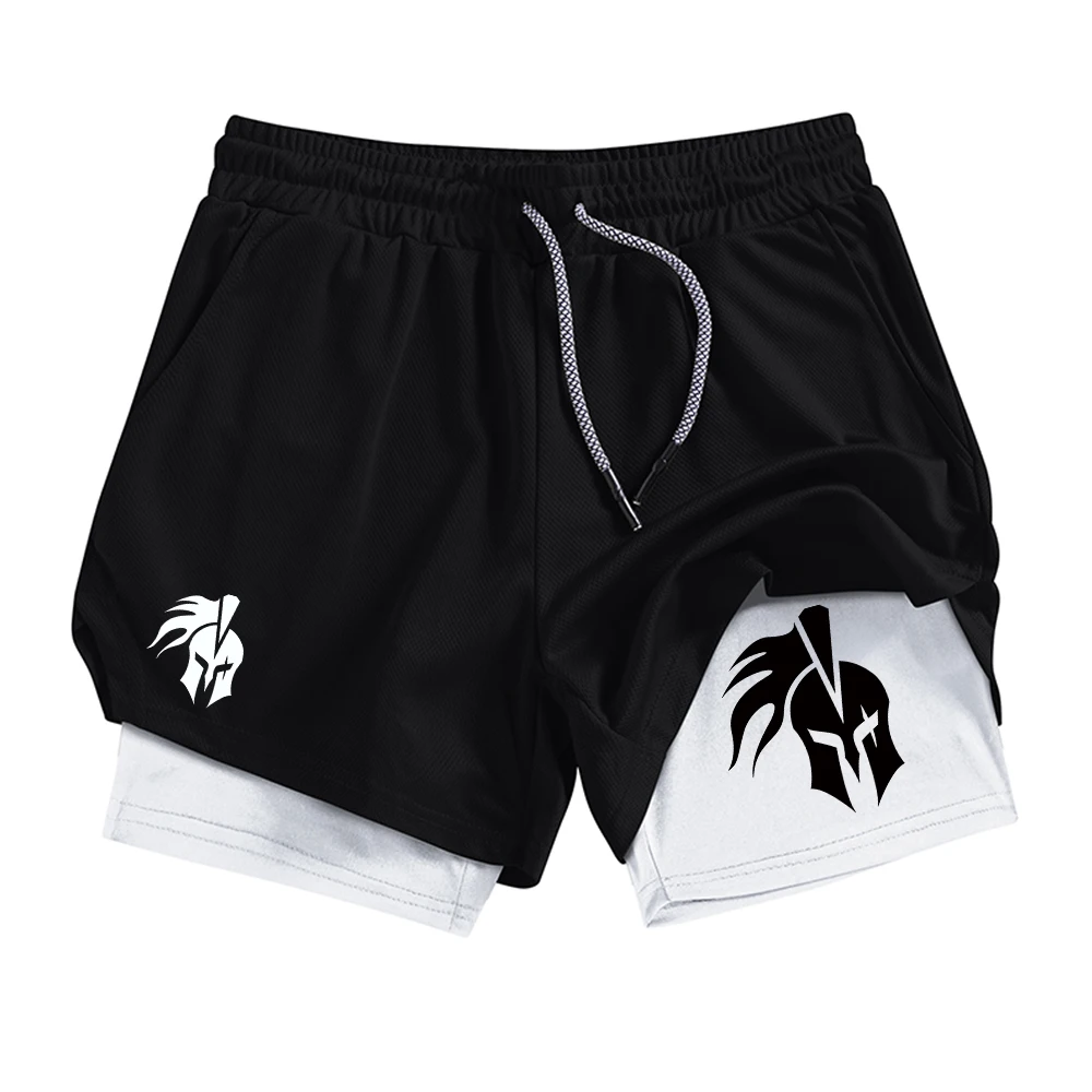 Men's 2 In 1 Athletic Shorts With Knight Print Stretchy Quick Dry Shorts For Running Fitness And Casual With Inner Phone Pocket