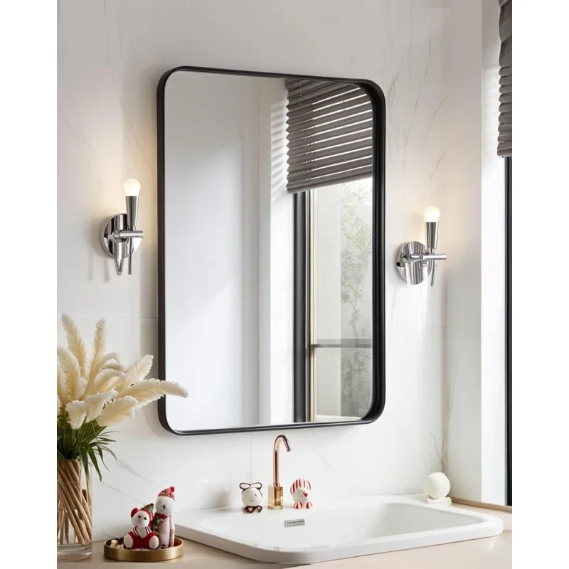 24x36 Inch Matte Black Bathroom Mirror – Wall-Mounted Rectangle with Frame, Horizontal or Vertical Hanging