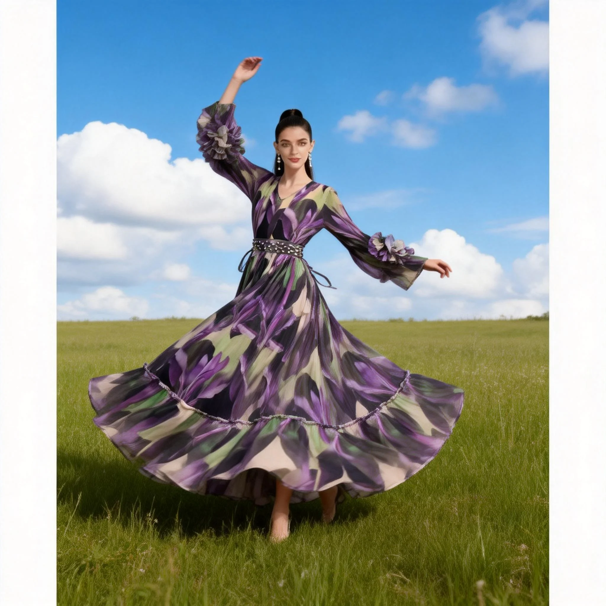 

Плиссированное платье Miyake с французским принтом, женское, с длинным рукавом, 3D цветами, V-образным вырезом, приталенное, облегающее, в отпускном стиле, расклешенное макси-платье