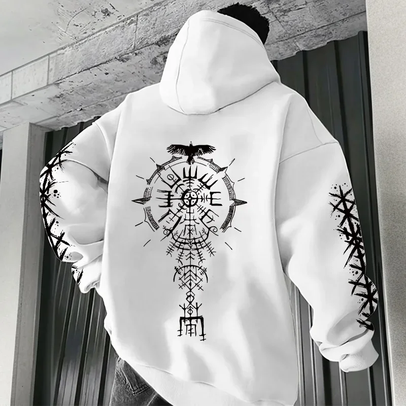 Dark Nordic streetwear men's hooded sweatshirt with mysterious runes and compass print, artistic design, loose turtleneck top