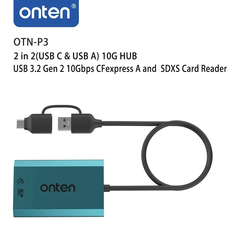 ONTEN OTN-P3 2 in 2(USB C & USB A) 10G HUB USB 3.2 Gen 2 10Gbps CFexpress A and SDXS Card Reader