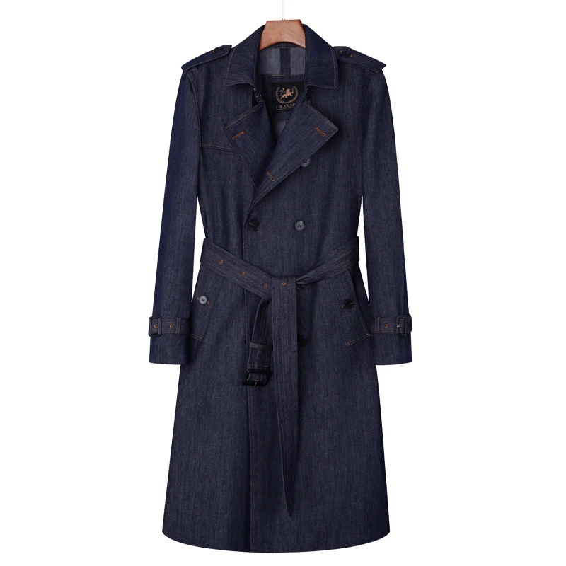 Denim long trench coat men’s over the knee double breasted British Autumn   thickened warm retro classic men's windbrea