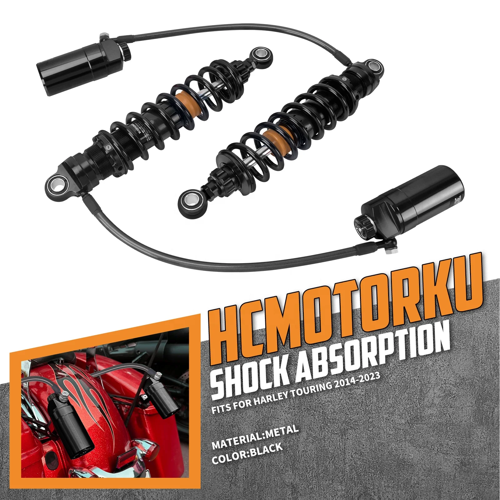 Adjustable Motorcycle Shock Rear Shocks Suspension with Remote Reservoir for Harley Touring Street Road Glide Ultra 2014-Up