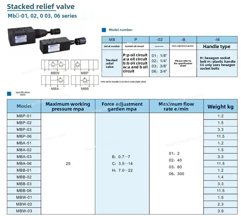 MBP-02B صمام الفائض الهيدروليكي المكدس لسلسلة MBA/MBB/03 B/C/H، كتلة صمام التحكم في النظام الهيدروليكي