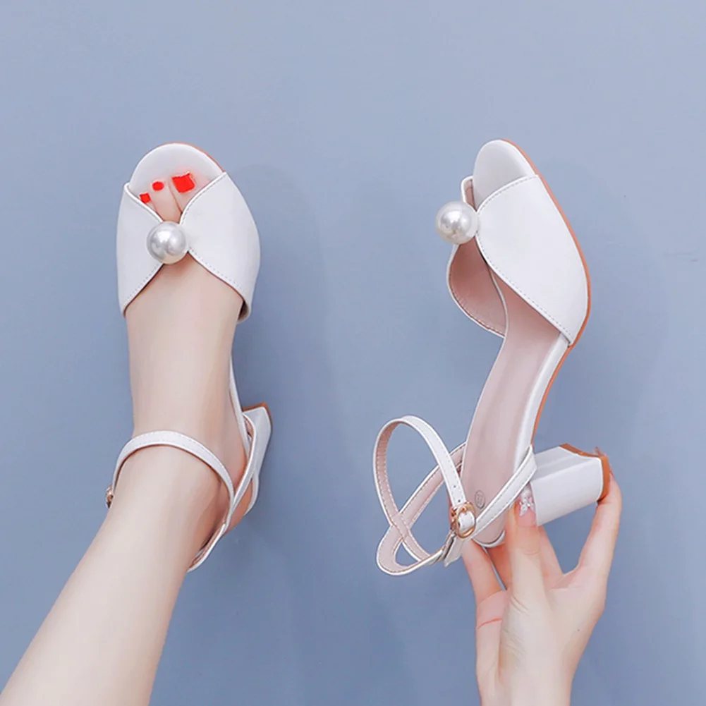 7cm thick heel fish mouth sandals square root thick heel sandals white dress sandals studded pearl wedding shoes