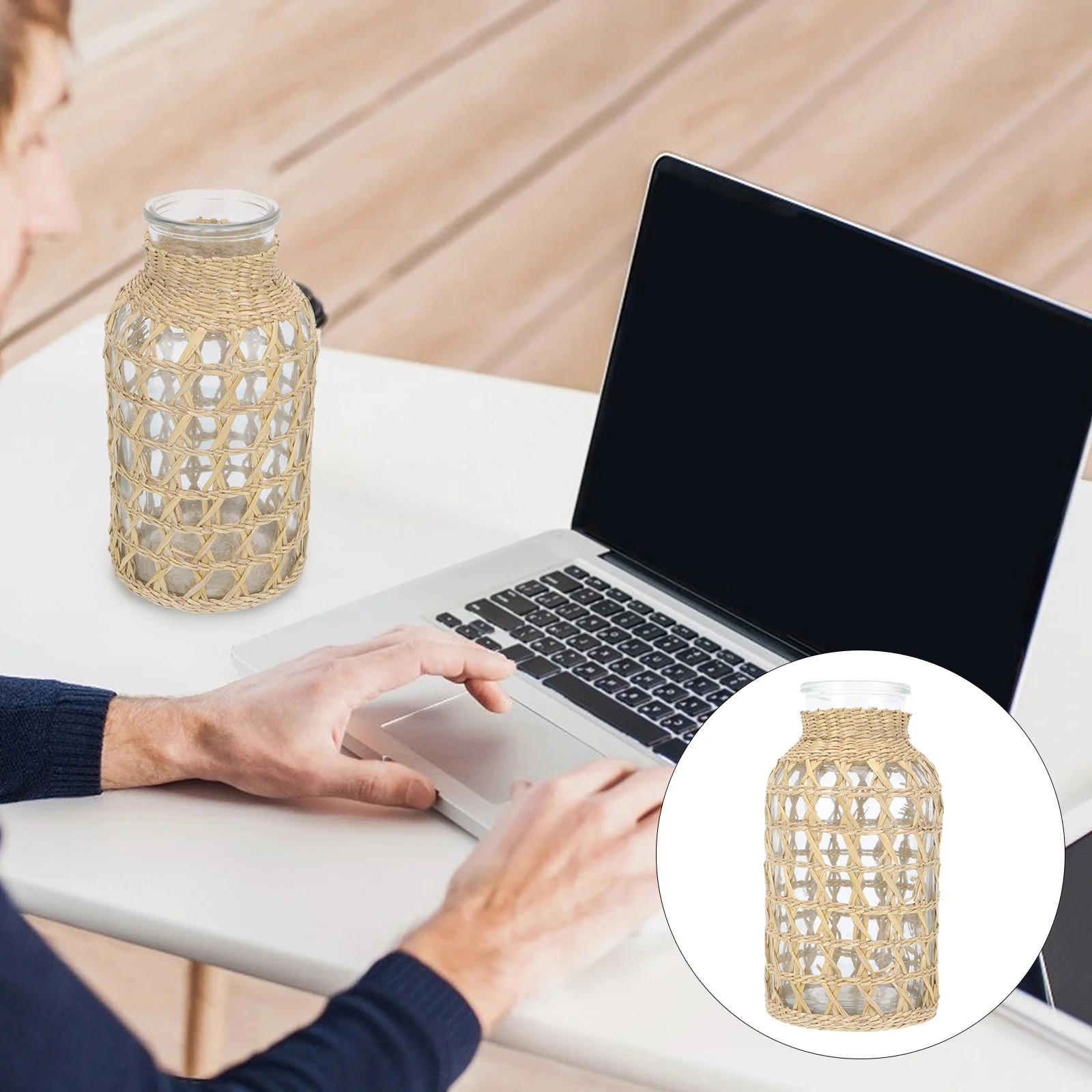 

1pc Rattan Woven Glass Creative Desktop Flower Arrangement Container Decorative For Home Office Decor Desktop Ornament