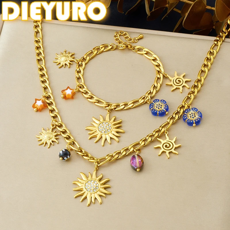 DIEYURO 316L Stainless Steel Golden Sun Inlay Zircon Colored Crystal Flower Pendant Necklace Bracelet Set Lady New Trend Jewelry