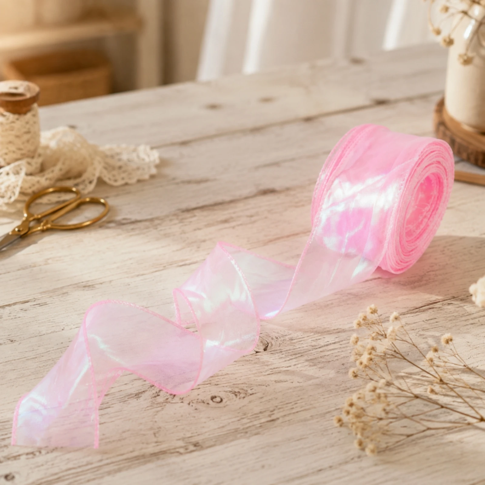 Iridescent Fishtail Organza Ribbon Flexible Iridescent Transparent Ribbon Lightweight Easy to Shape for Crafters, Gift Wrapping