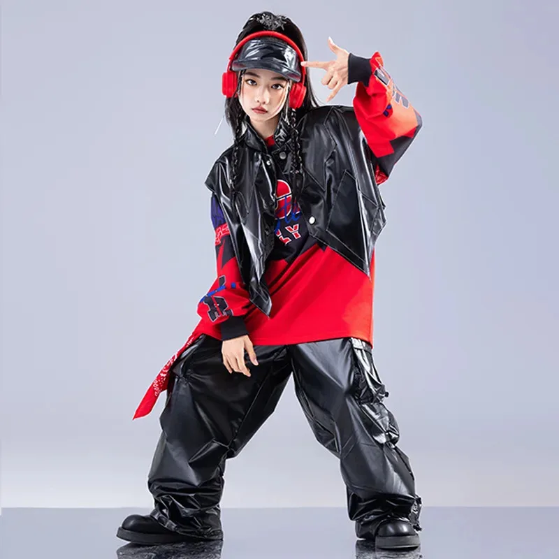 

2025 Children Hip Hop Dance Costumes For Kids Black Leather Vest Pants Outfits Girls Modern Jazz Dance Performance Wear