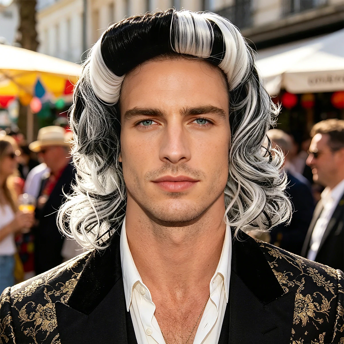 Black White Streaked Curly Wig Synthetic Hair Retro Wave Fringe Men Halloween Horror Movie Cosplay Costume Party Full Wigs