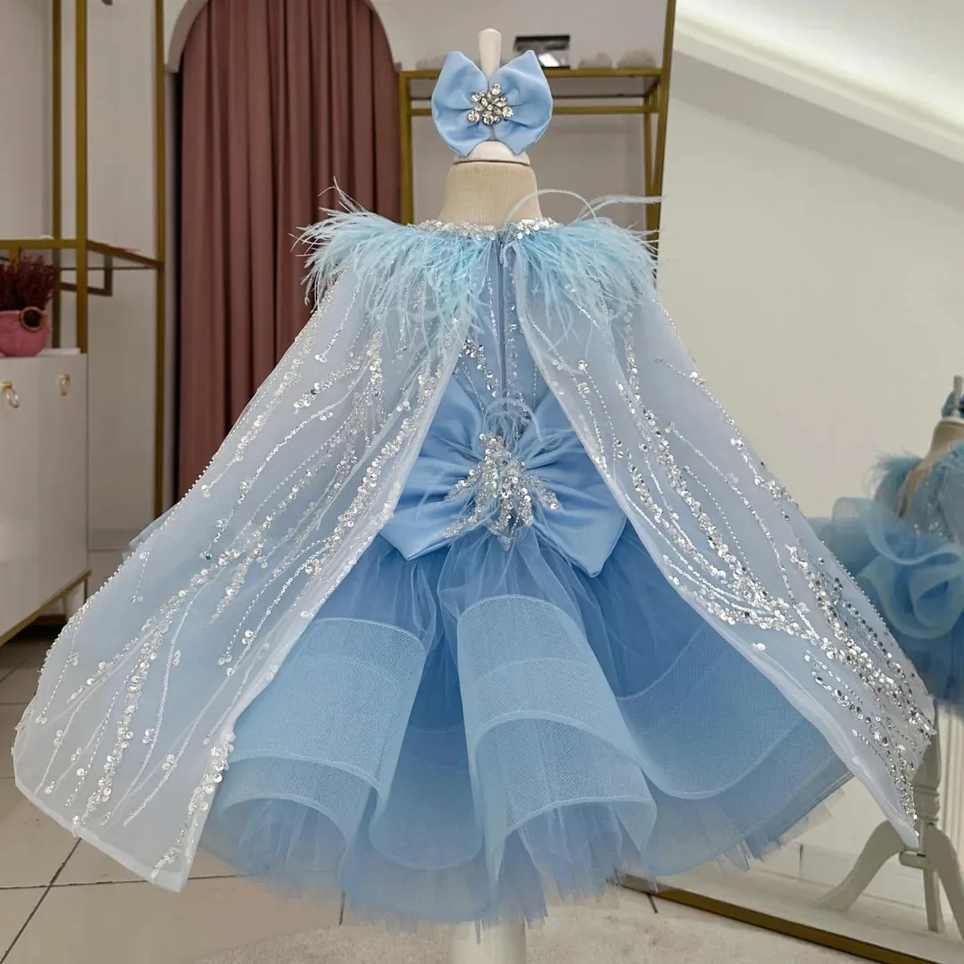 ラベンダーフラワーガールドレス 結婚式用 スパンコール フェザーガール 誕生日ドレス 写真撮影用 初聖体ドレス カスタマイズ