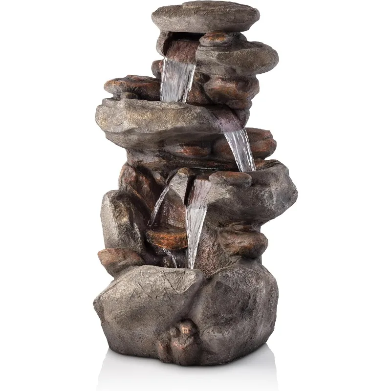 home.WIN316 Outdoor Floor 4-Tiered Rock Water Fountain for Garden or Patio with Natural Stone Look, 40