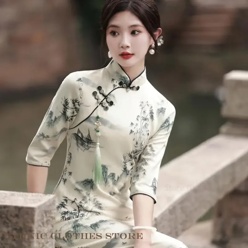 

Плюс размер 4XL, винтажное платье Cheongsam с воротником-стойкой на пуговицах, китайское классическое женское платье Ципао, элегантное платье с короткими рукавами и принтом, Vestidos