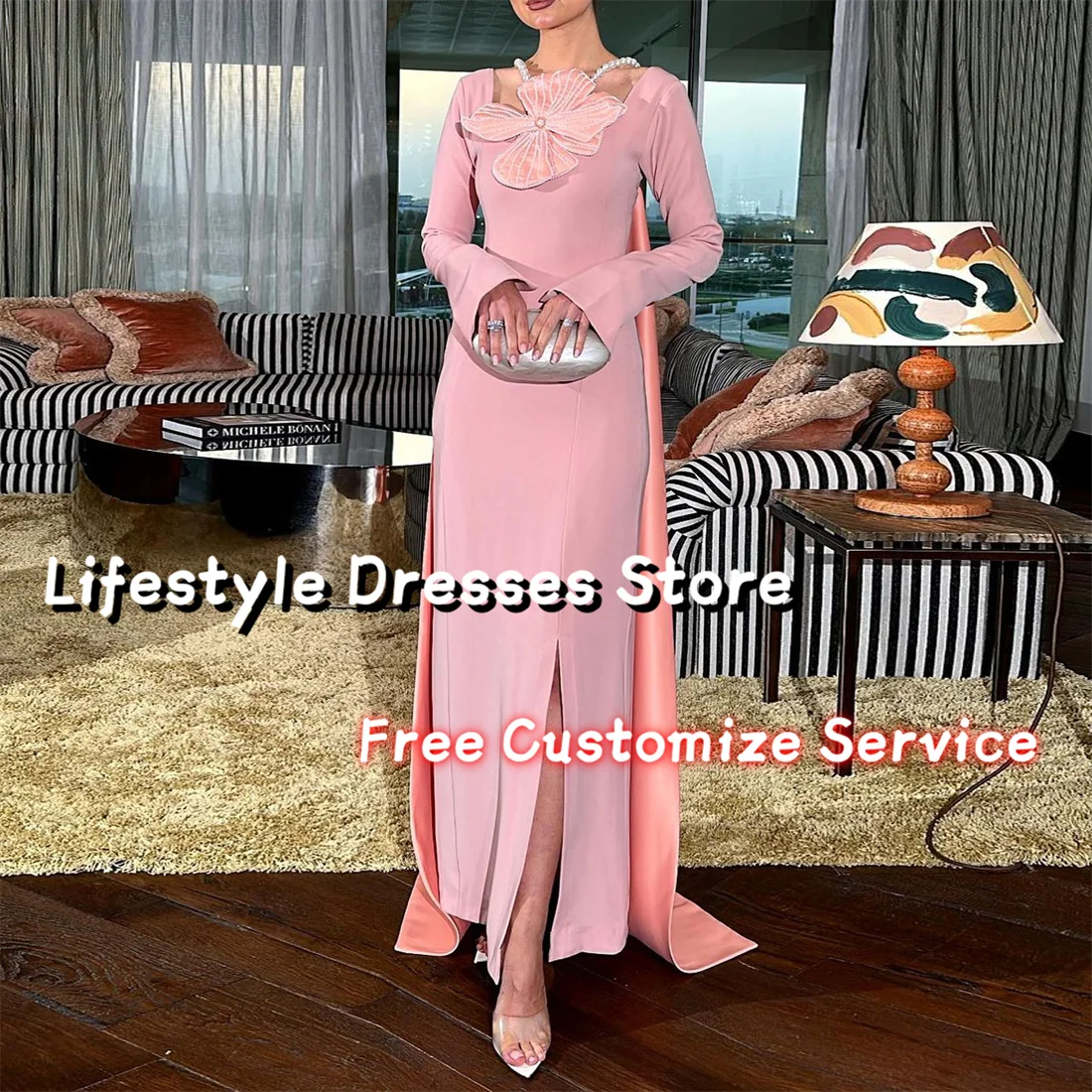 

Pink Long Sleeves Flower Beads Prom Dresses Elegant Luxury Evening Dresses Long Cape Saudi Arabia Party Gown vestidos de gala