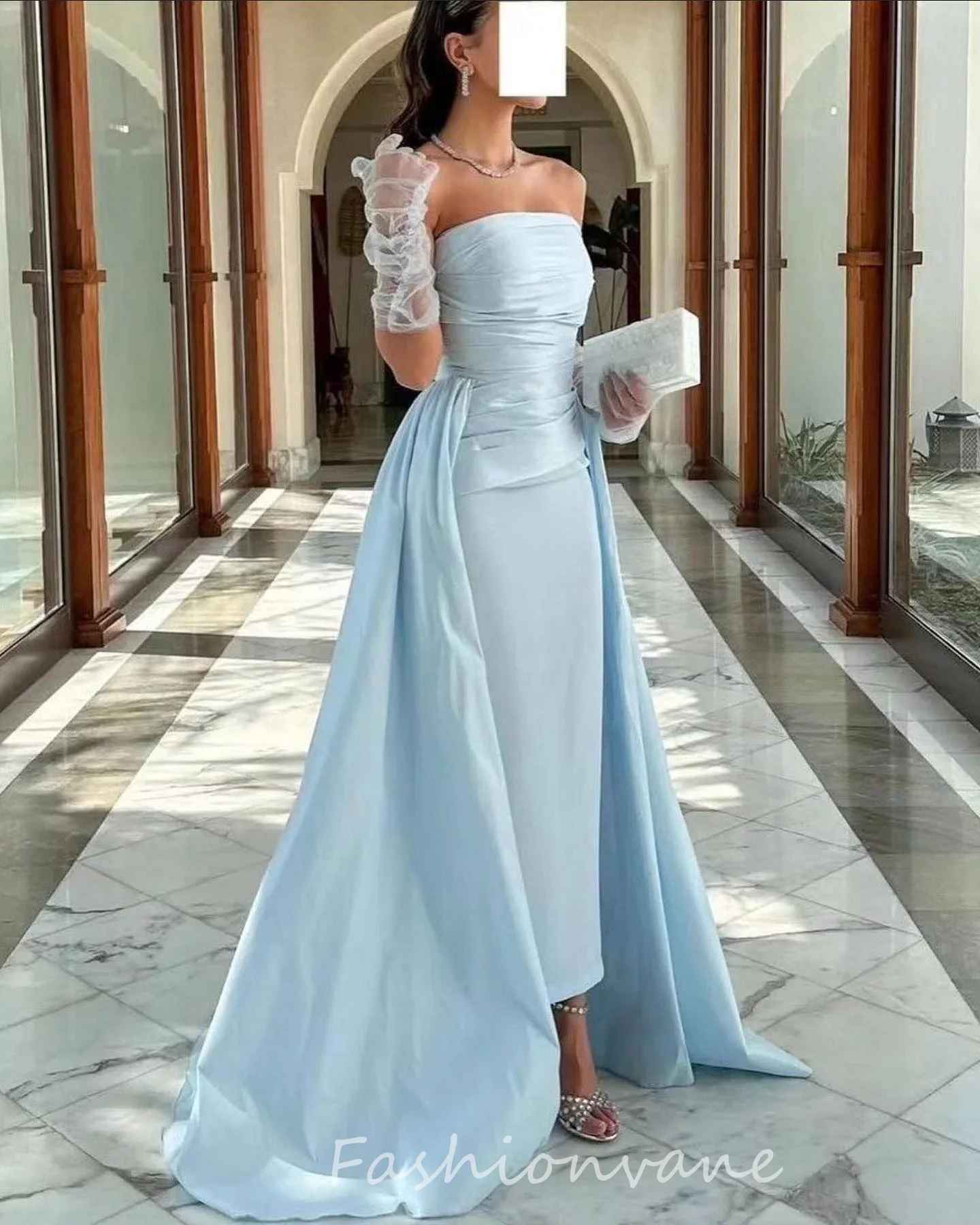 

Fashionvane Simple Blue Evening Dress Strapless Elegant Prom Dress Wedding Evening party Dress Detachable tail Floor Length 2024