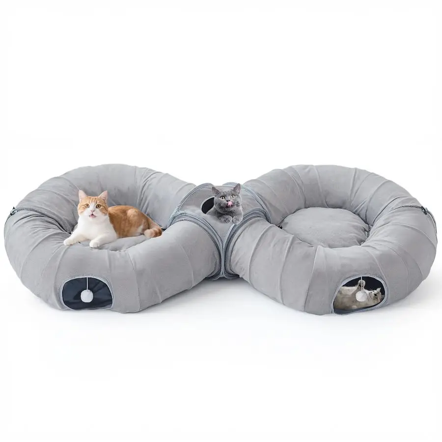

2in1 Cat Tunnel Bed for Indoor Cats, 8Shaped Large Cat Tunnels with Plush Cushions, Foldable Cats Cave Hideout Kitty Toys with F