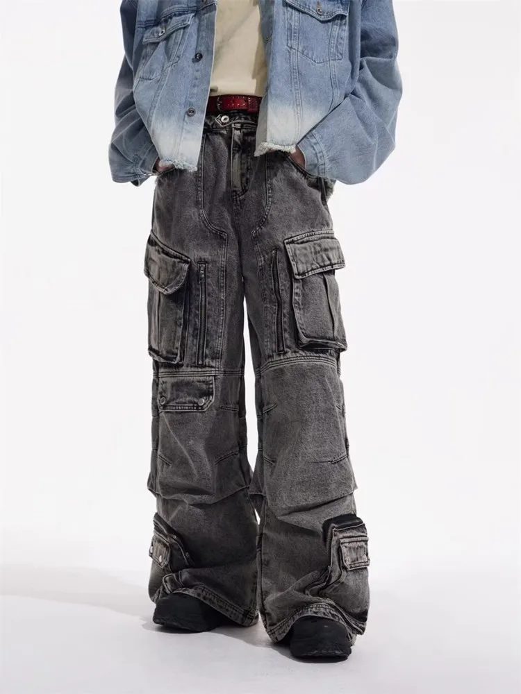 

2025 Cyber Y2K Streetwear Washed Grey Baggy Cargo Jeans Pants For Men 90S Vintage Clothes Wide Leg Zipper Gothic Denim Trousers