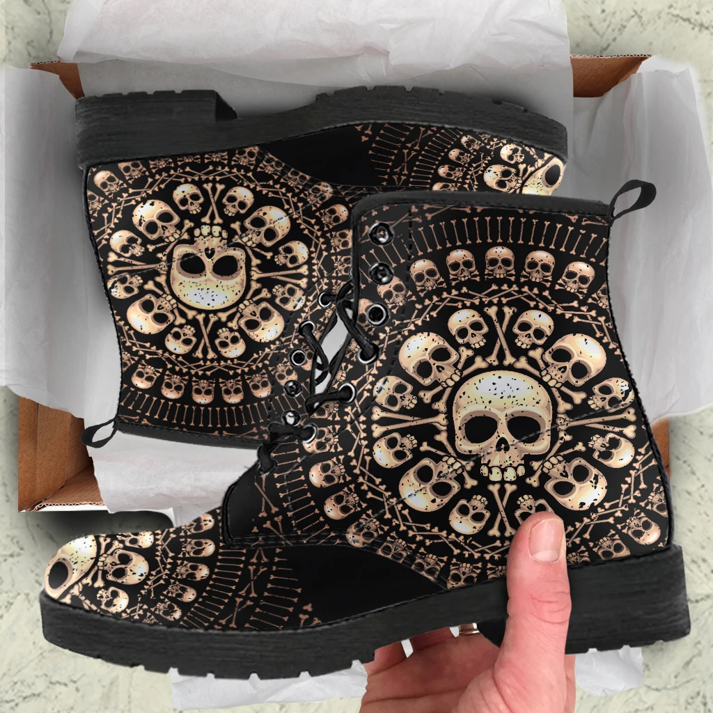 Stylish Skull Design Women's Boots Autumn Winter Unisex PU Leather Boots Lace Up Vulcanized Rubber Sole Boots Print On Demand