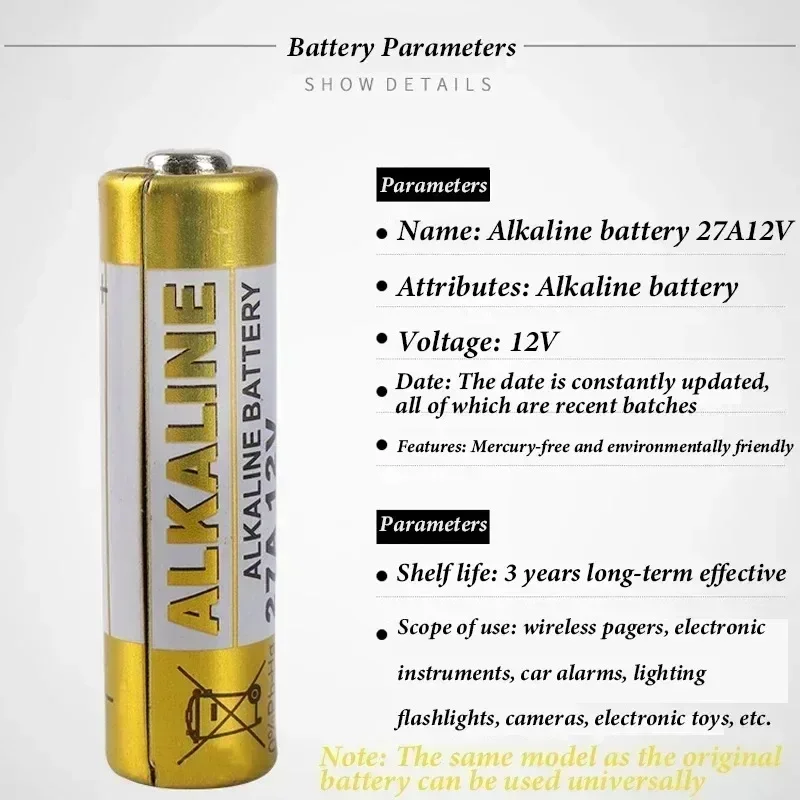 20PCS Alkaline Battery 12V A27 27A G27A MN27 MS27 GP27A L828 V27GA ALK27A A27BP K27A VR27 R27A for Alarm Remote Control Dry Cell