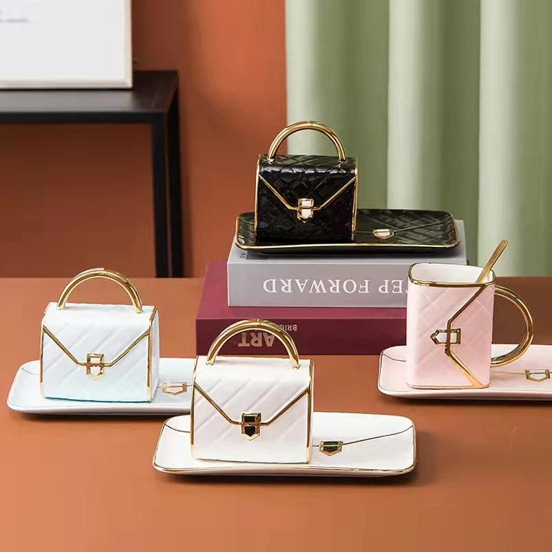 

Креативная керамическая кофейная чашка в форме сумки и блюдце с ложкой, кружка с золотой ручкой, чашка для молока, чая, сока, воды, чашка, подарок для пары, друга