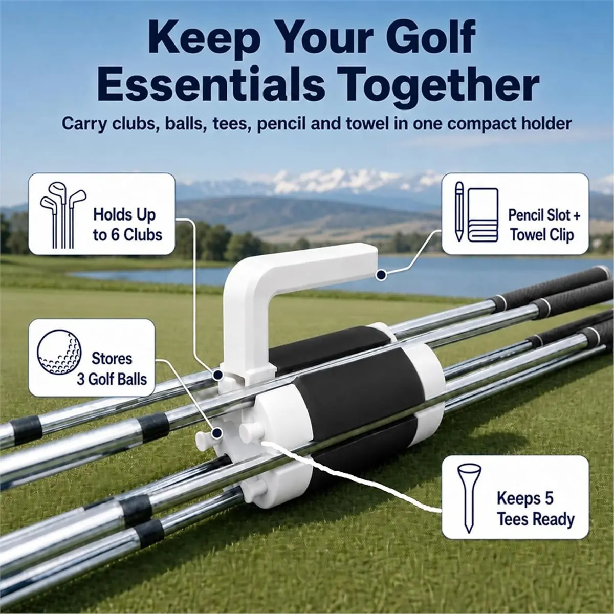 Golf Club Holder for 6 Clubs: Portable Golf Club Carrier with Ball Storage, Tee Holes and Carry Handle,for Driving Range