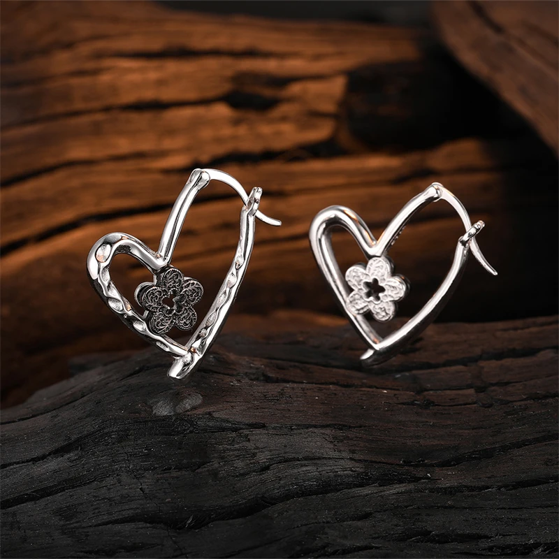 925 Sterling Silver Geometric Heart-shaped Flower Ear Buckle Hoop Earrings for Women Fashion Elegant Design Jewelry Accessories