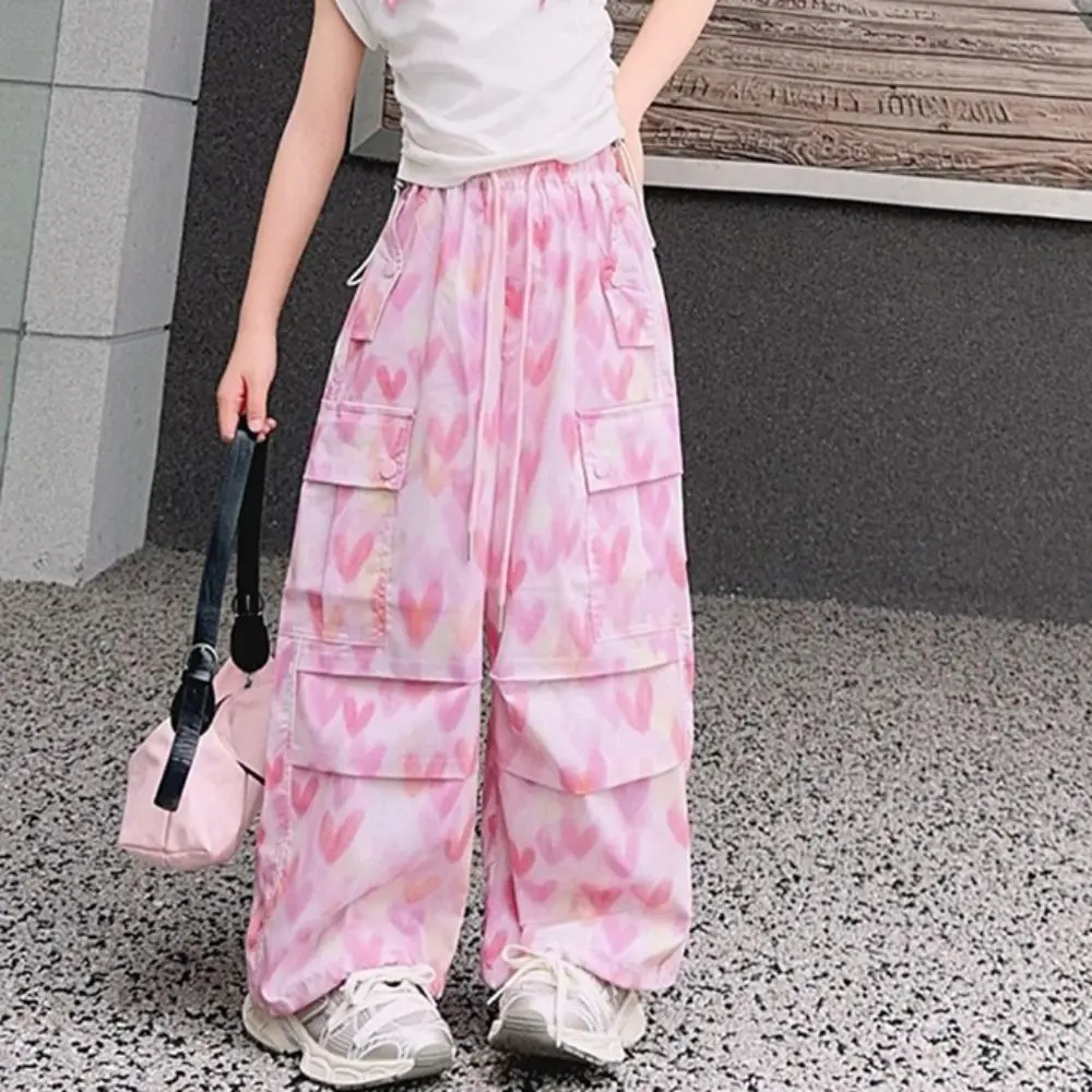 

Casual Multi Pockets Baggy Cargo Pants Joggers Drawstring Y2k Wide Leg Pants Hip Hop High Waist Heart Printing Pants Girl Sports
